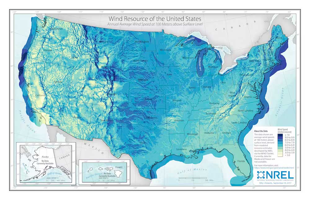 Many of the best U.S. land-based wind generating areas (dark blue zones) are far from coastal population centers, but those cities could be served by offshore wind farms. NREL