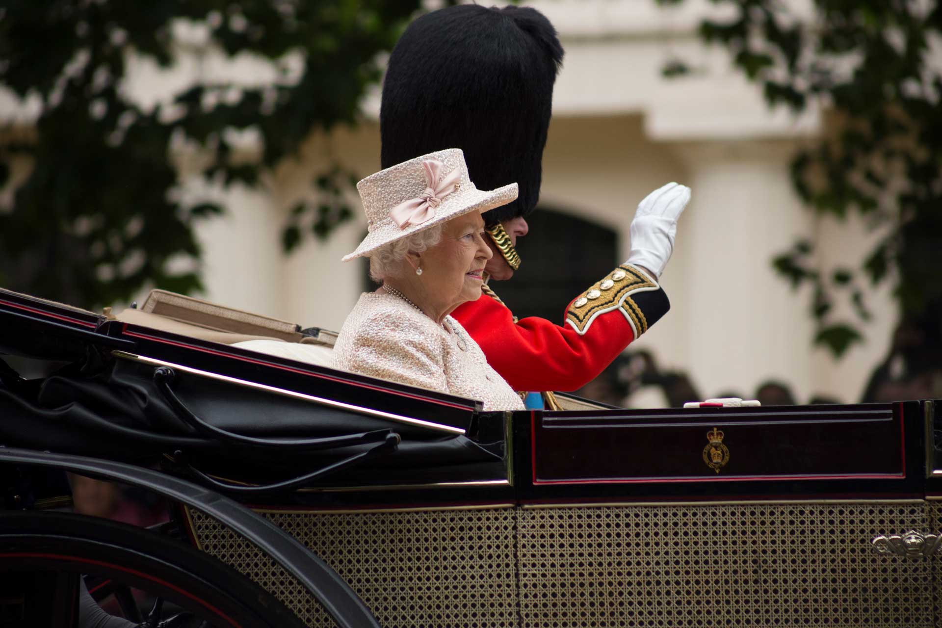 Queen Elizabeth II in an open carriage with Prince Philip for trooping the colour 2015 to mark the Queens official birthday, London, UK