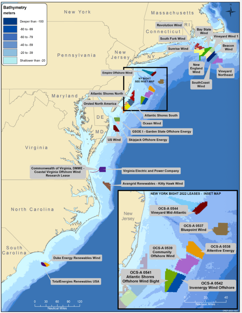 A map of offshore wind lease areas shows how many companies have paid the U.S. to lease areas of ocean for offshore wind farms. A few wind farms off New England are already operating. The lease areas where the Trump administration used taxpayer money to persuade companies to drop their wind farm plans include two TotalEnergies leases – Attentive Energy, off New Jersey, and a lease area off South Carolina – and Bluepoint Wind, also off New Jersey. U.S. Bureau of Ocean Energy Management