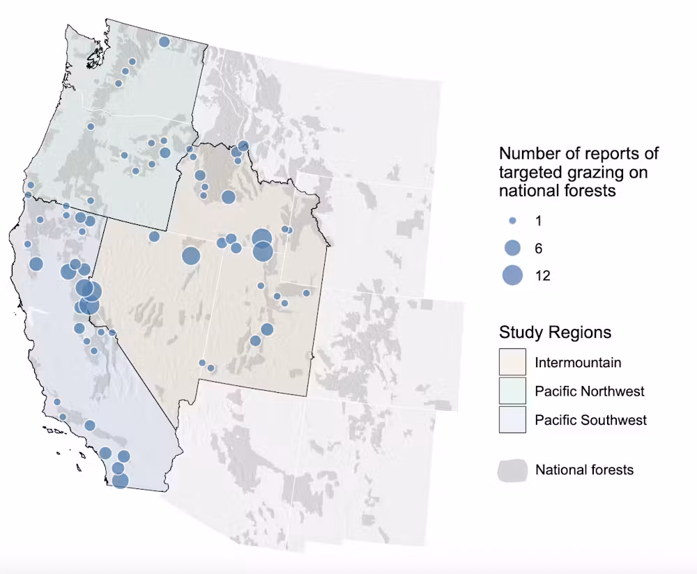 Ranger districts where targeted grazing has been reported on national forest land in the Pacific Southwest, Intermountain and Pacific Northwest regions of the U.S. Forest Service. Kelly Hopping